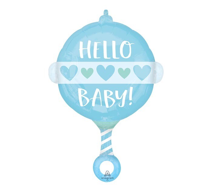 Hello Baby Blue Rattle Balloon Oversized 24"