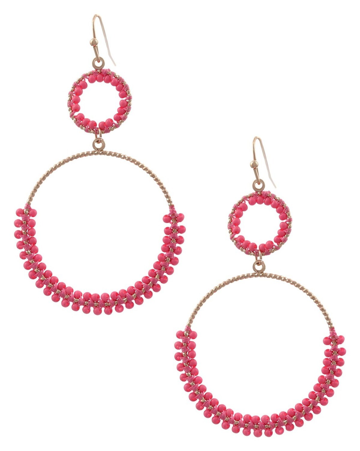 Double Hoop Gold & Hot Pink Seed Bead Earrings