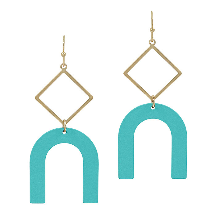 Gold Diamond Cut-Out Teal Arch Earrings