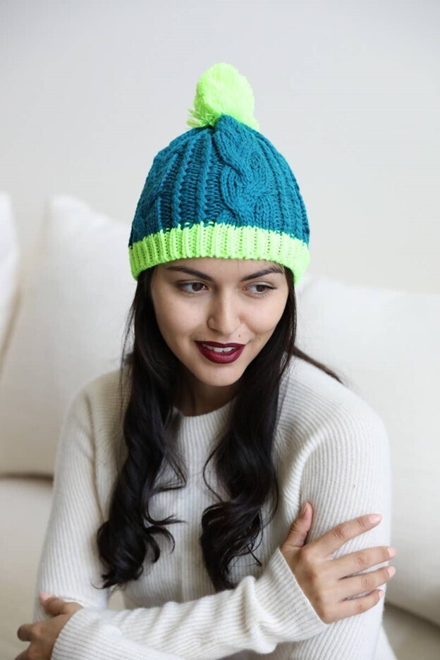 Cable Knit Beanie Teal & Neon