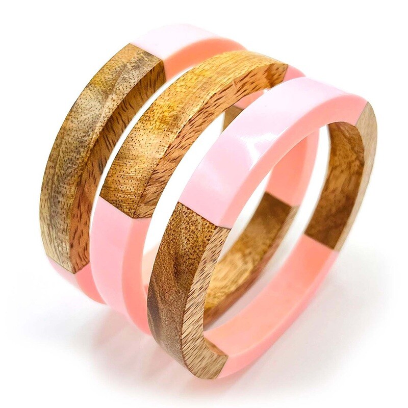Wood & Pink Acrylic Bangle Bracelets Set of 3