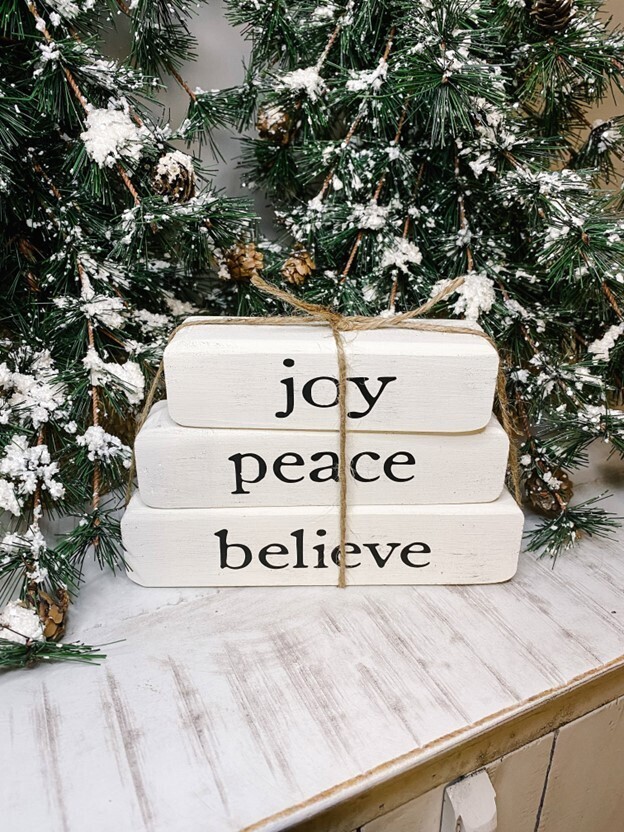 Joy Peace Believe Wood Christmas Book Stack