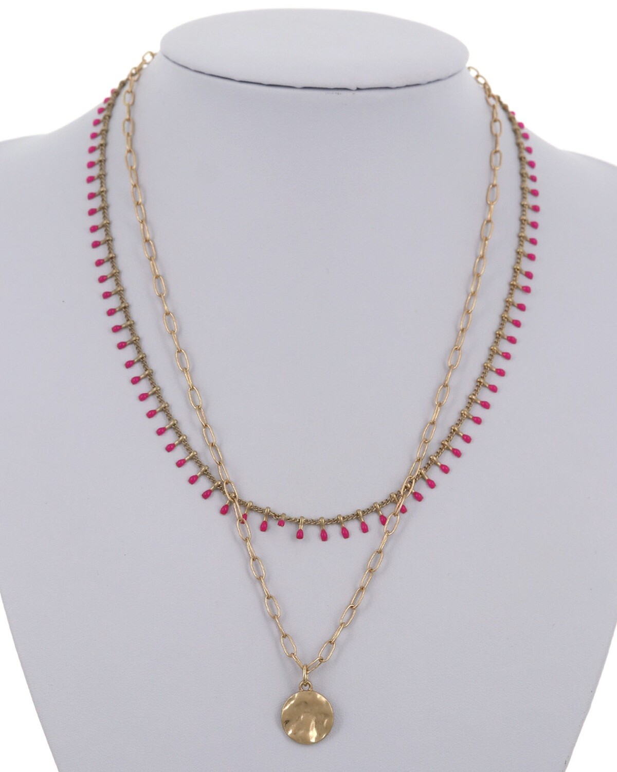 Double Strand Hot Pink & Gold Necklace