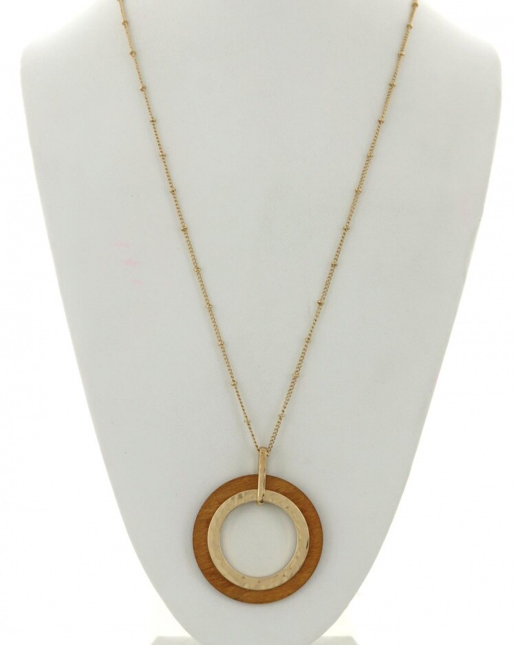 Hammered Gold & Natural Wood Pendant Necklace