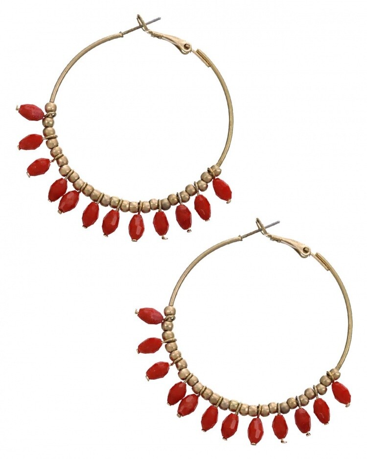 Red Glass Dangle Gold Hoop Earrings