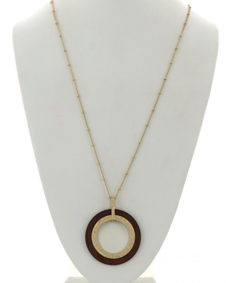 Hammered Gold & Brown Wood Pendant Necklace