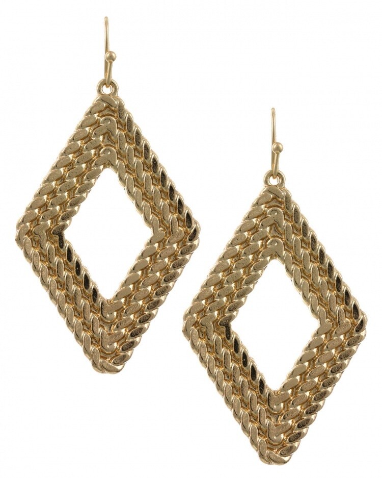 Gold Rope Textured Diamond Shape Earrings