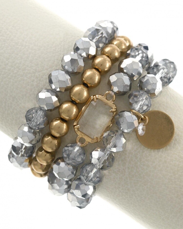 Beaded Silver & Gold Crystal Bracelet Set of 4