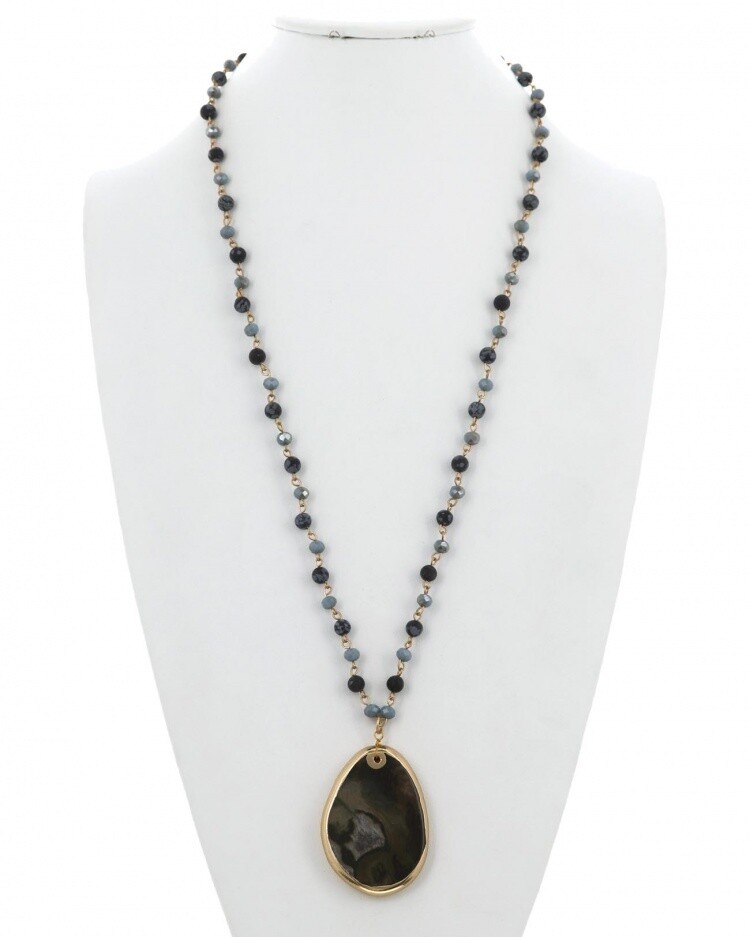 Grey Stone Pendant Necklace on Beaded Chain