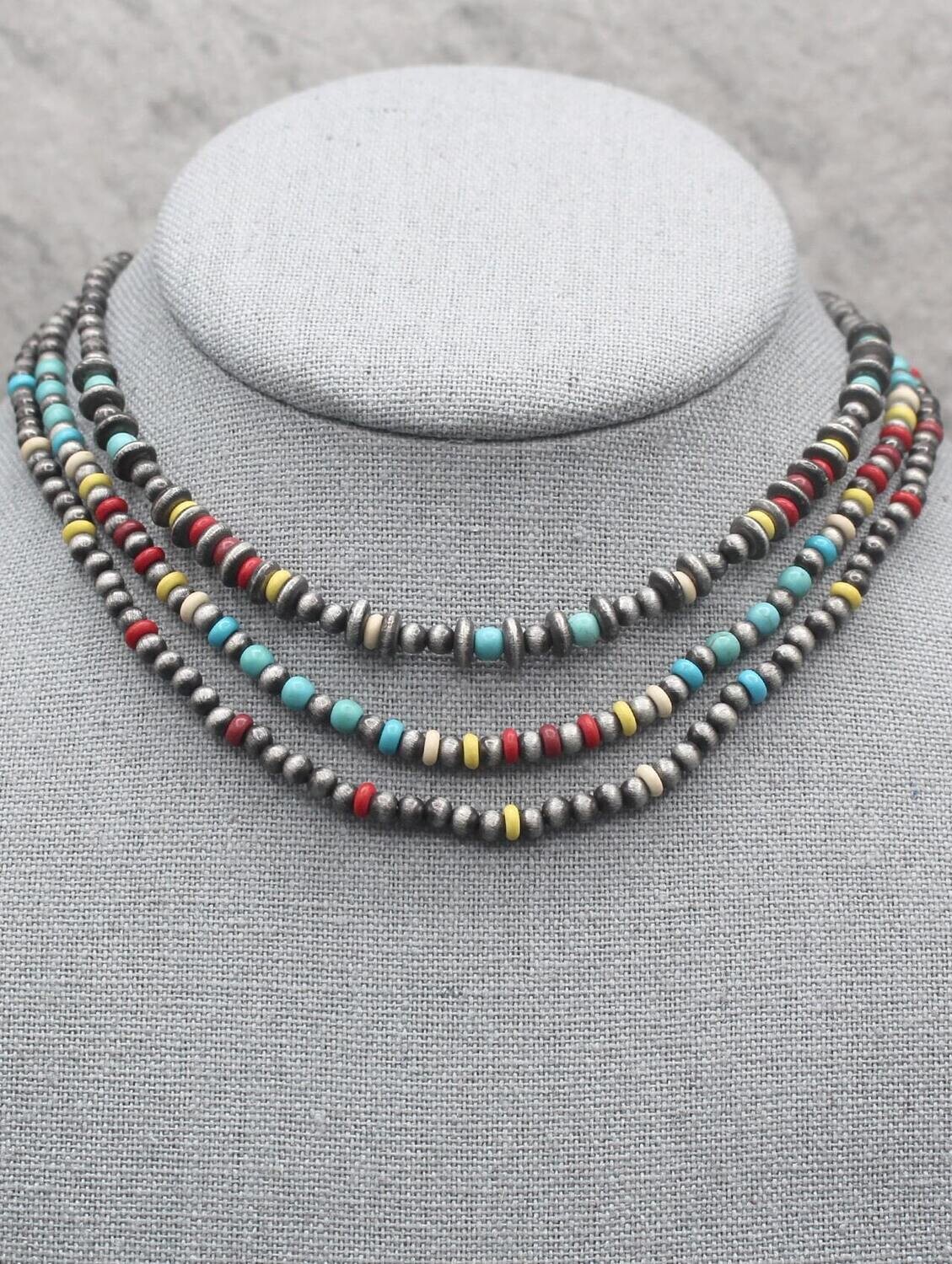 Navajo Pearl & Semi Precious Stone Style Triple Strand Necklace