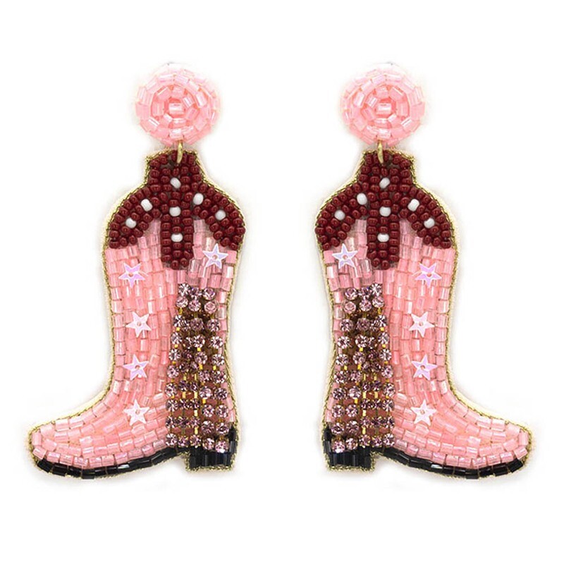 Pink & Brown Cowgirl Boots Seed Bead Earrings