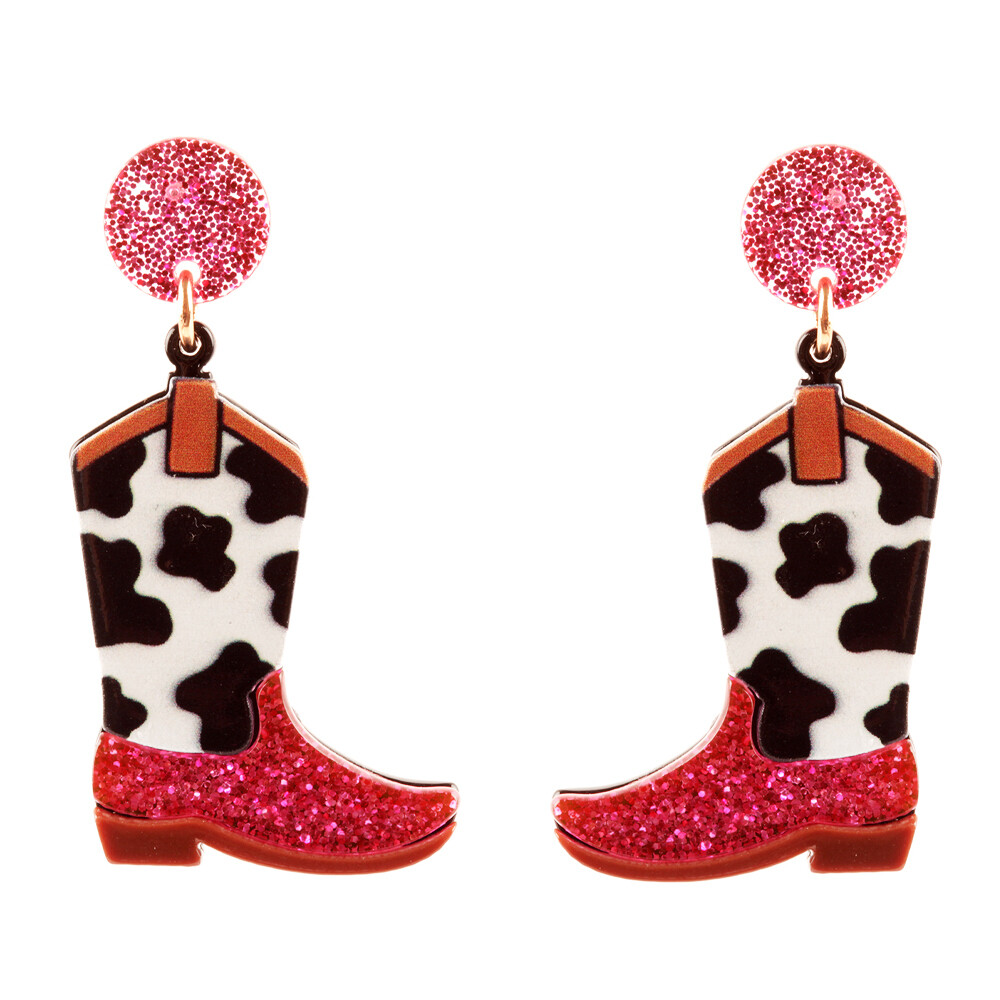 Hot Pink Cow Print Sequin Cowboy Boot Earrings