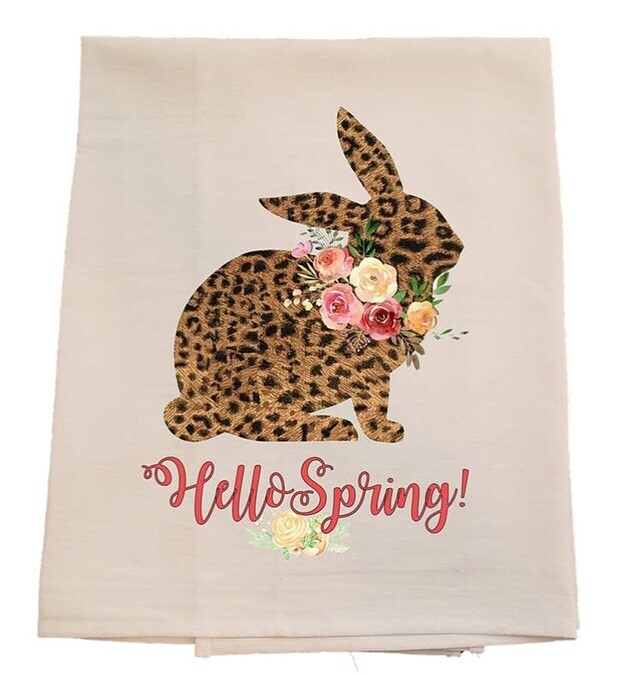 Hello Spring Leopard Bunny Dish Towel