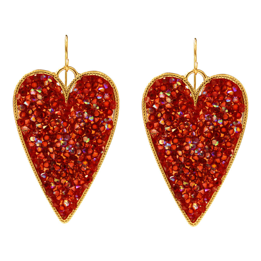 Red Rhinestone Drop Heart Earrings