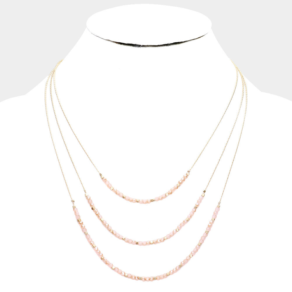 Pink Faceted Beaded Triple Layered Bib Necklace
