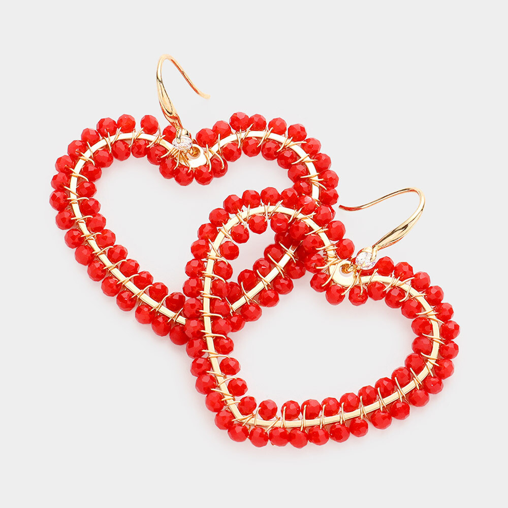 Red Faceted Bead Wrapped Open Heart Earrings