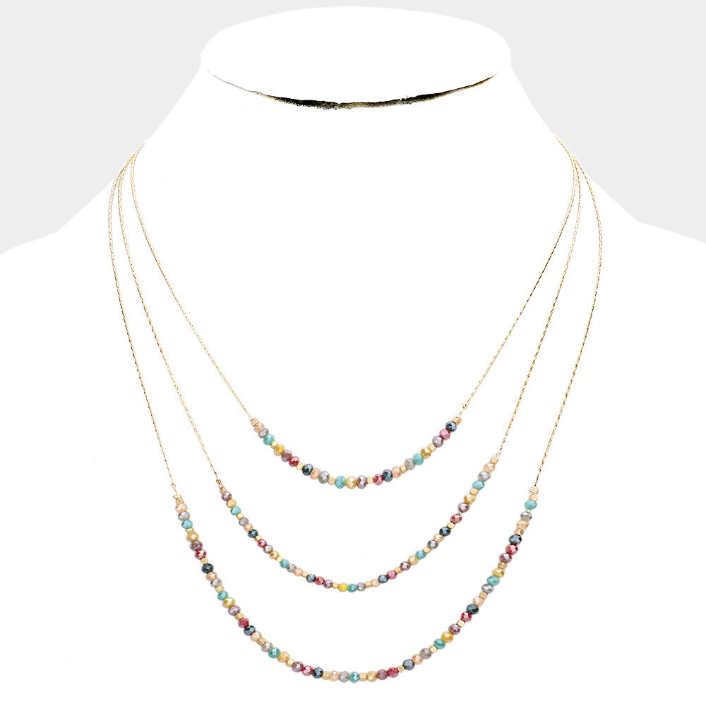 Multicolor Faceted Beaded Triple Layered Bib Necklace
