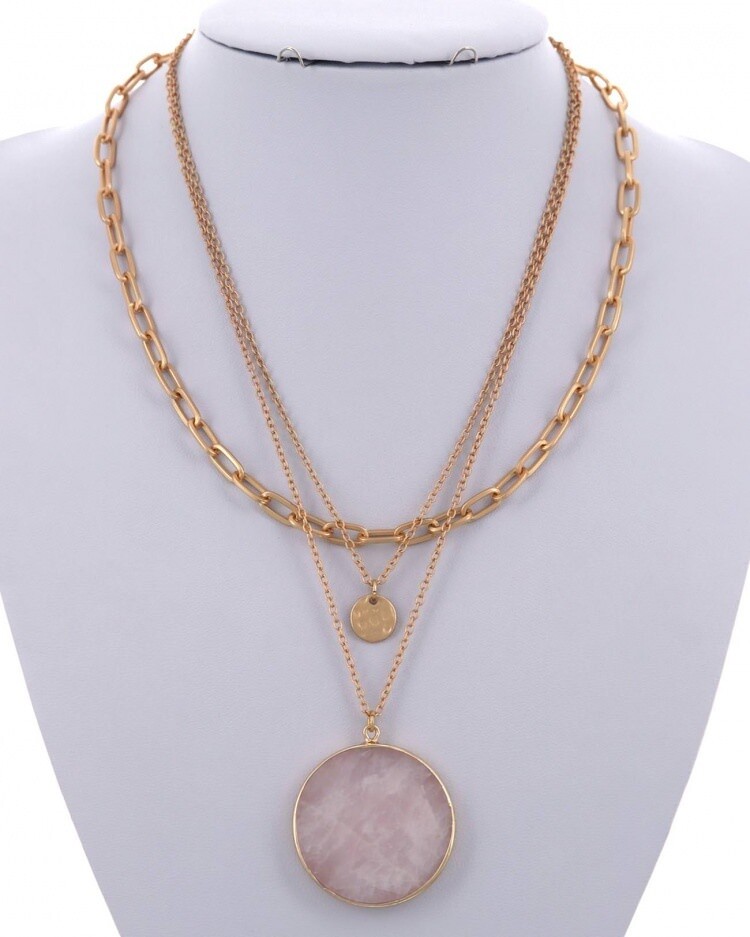 Triple Chain Necklace with Pink Stone Pendant