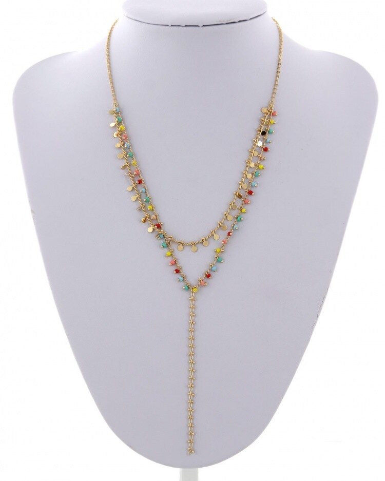 Double Strand Multicolor Seed Bead Y Necklace