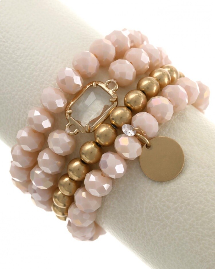 Beaded Pink Crystal Bracelet Set of 4
