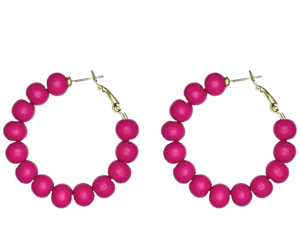 Hot Pink Wooden Ball Hoop Earrings
