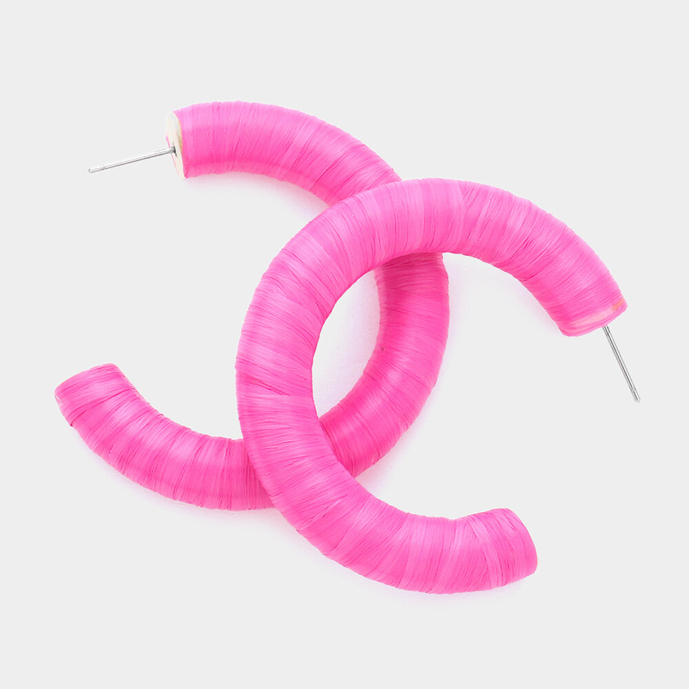 Raffia Wrapped Hot Pink Hoop Earrings