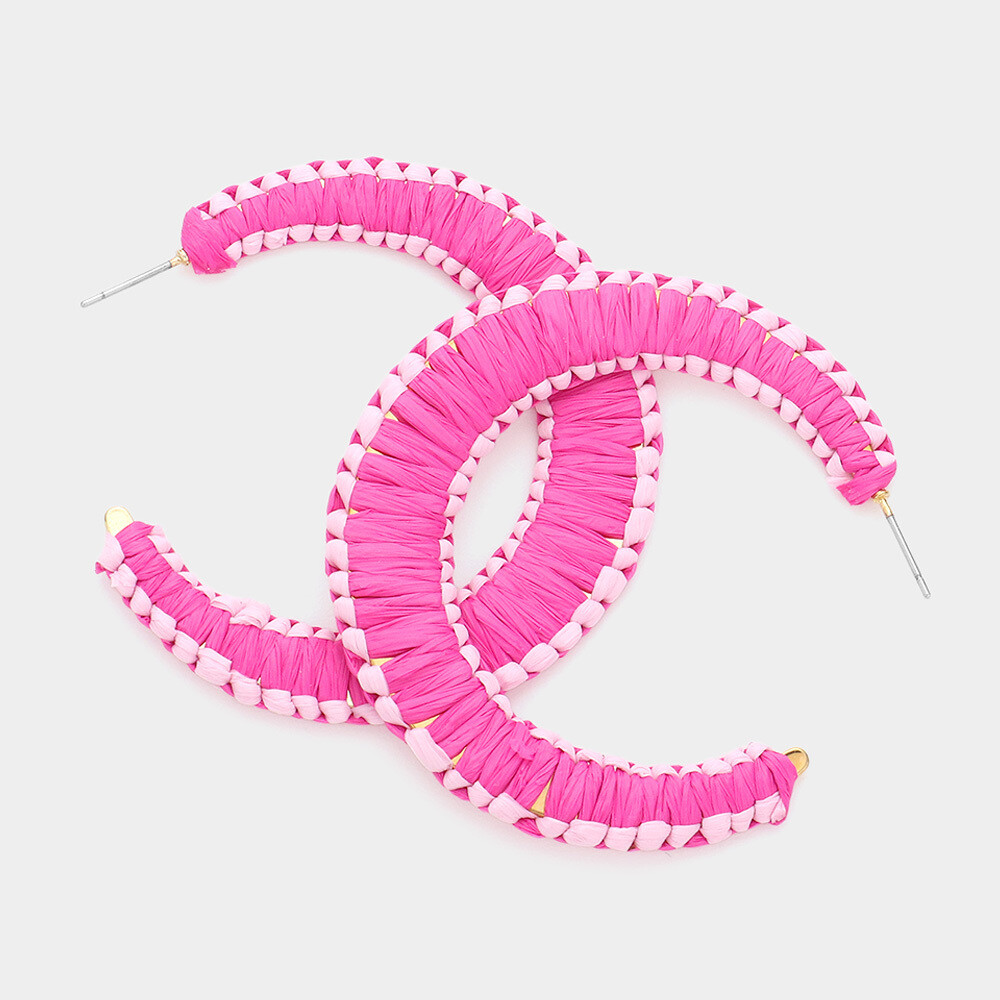 Raffia Woven Hot Pink Hoop Earrings