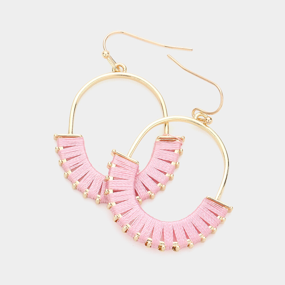 Pink Woven Raffia Oval Hoop Earrings