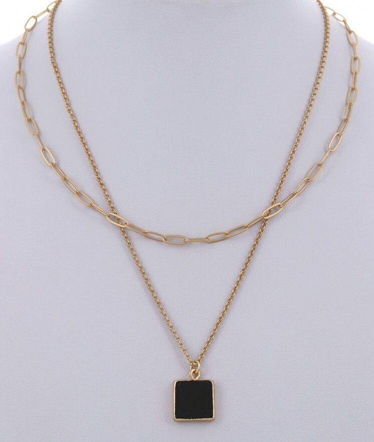 Double Strand Gold Chain Black Stone Pendant Necklace