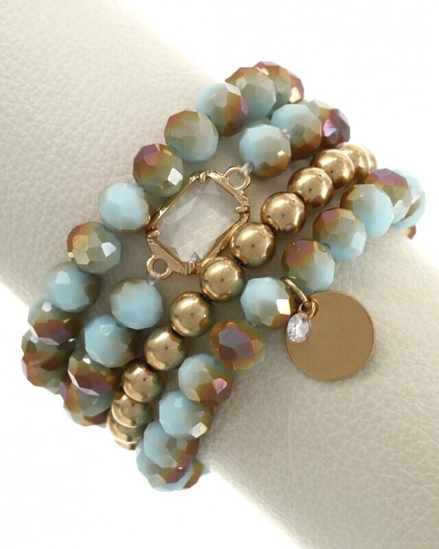 Beaded Mint & Brown Crystal Bracelet Set of 4