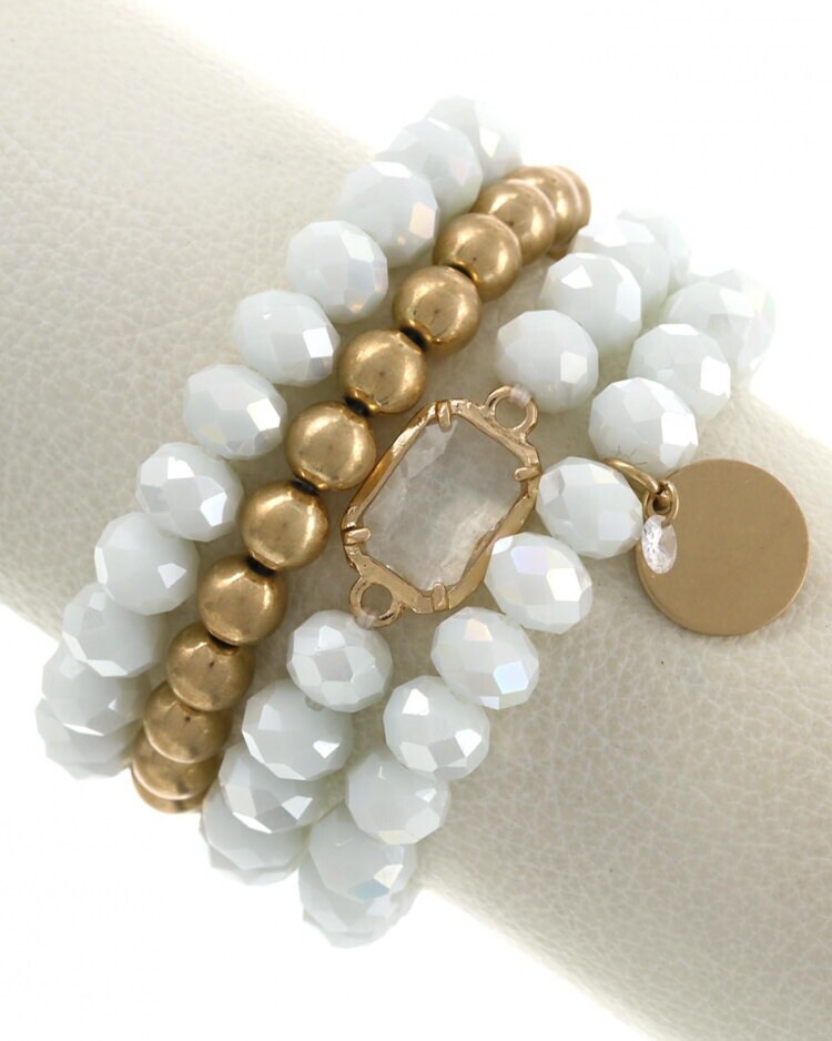 Beaded White & Gold Crystal Bracelet Set of 4