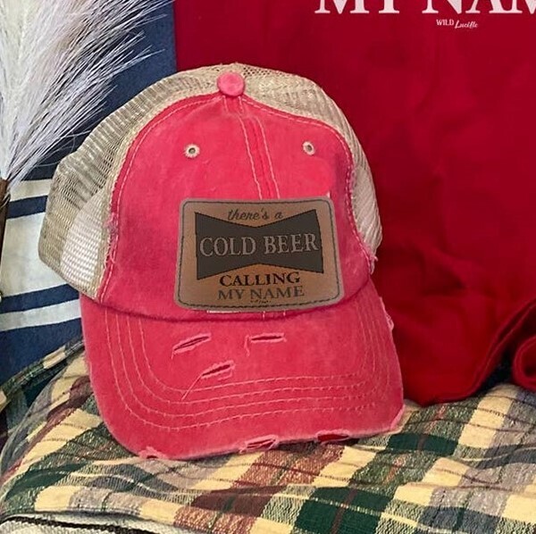 There's A Cold Beer Calling My Name Trucker Cap Red/Brown Leather