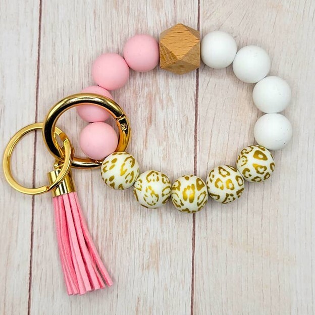 The Wristlet Bar Gold, Leopard & Pink Keychain with Tassel