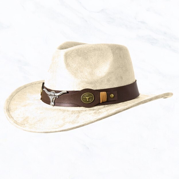 Ivory Suede Cowboy Hat with Longhorn Band
