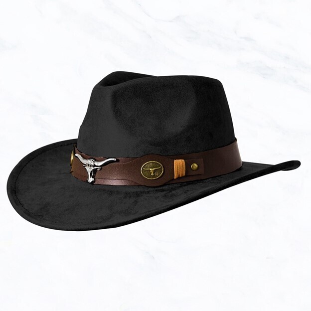 Black Suede Cowboy Hat with Longhorn Band