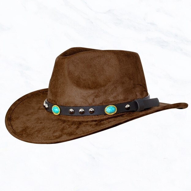 Suede Cowboy Hat with Turquoise Band - Coffee