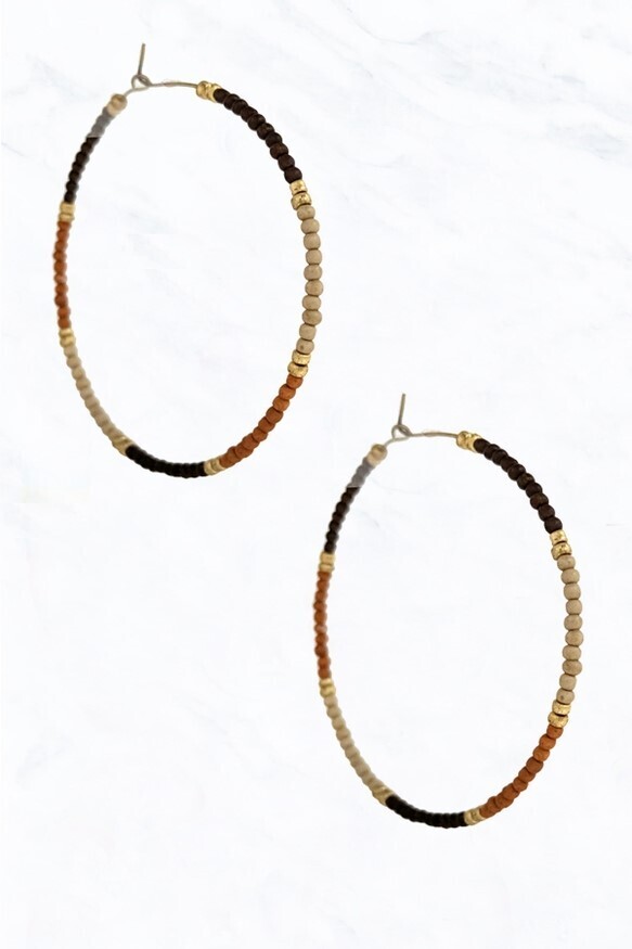 Brown/Gold/Black Oval Hoop Seed Bead Earrings