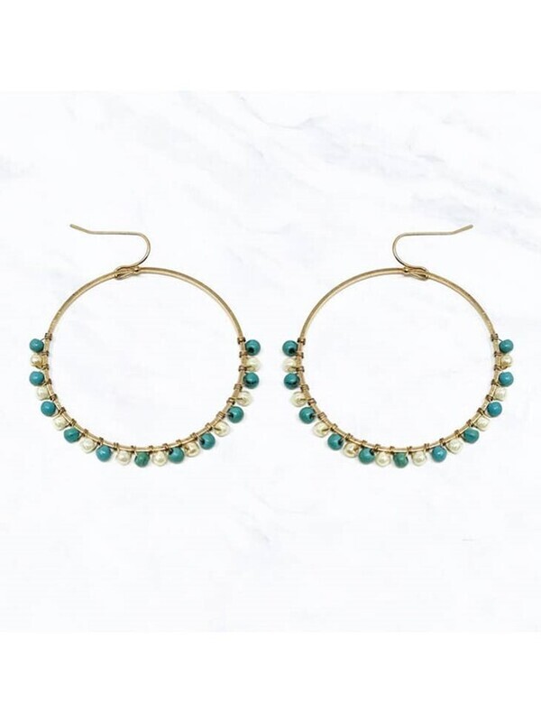 Pearl &amp; Turquoise Drop Hoop Earrings