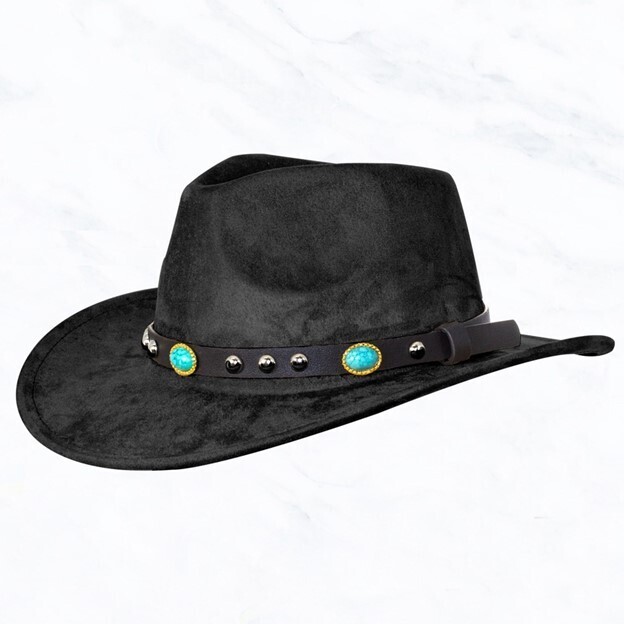 Suede Cowboy Hat with Turquoise Band - Black