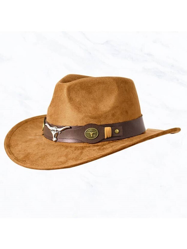 Khaki Suede Cowboy Hat with Longhorn Band