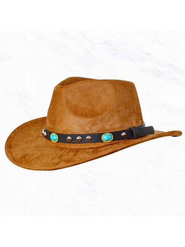 Suede Cowboy Hat with Turquoise Band - Khaki