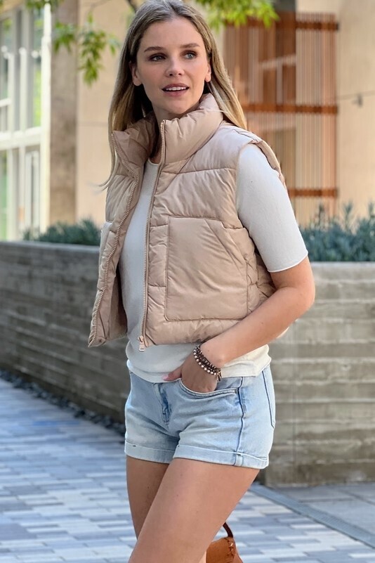 Khaki Puffer Vest with Pockets