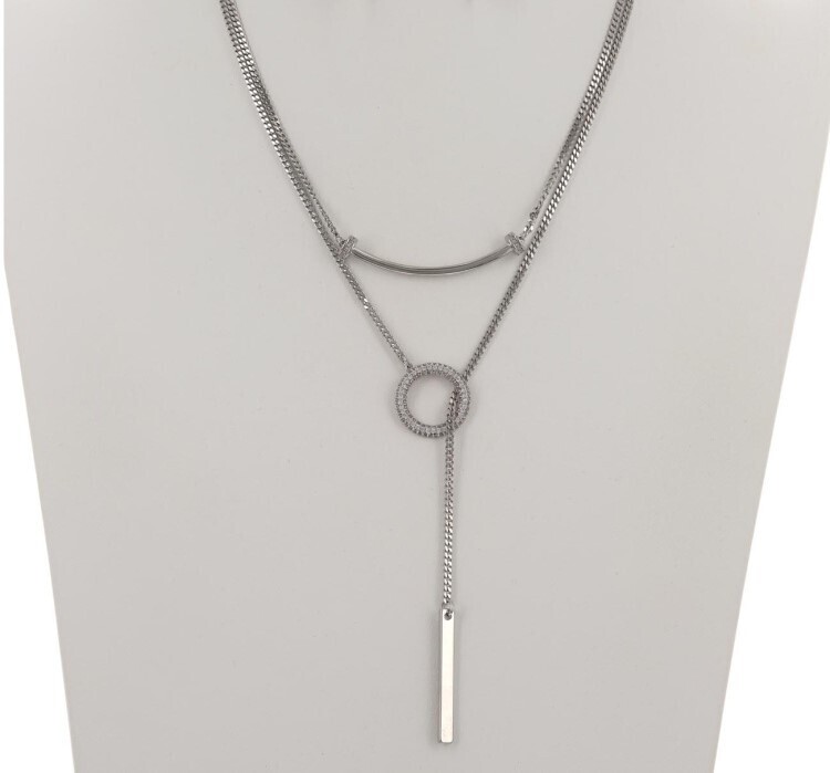 Threaded Rhinestone Toggle Silver Layered Necklace