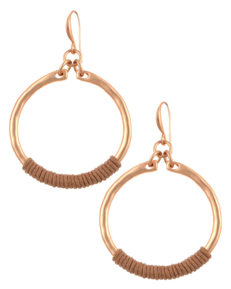 Thread Wrapped Brown &amp; Gold Drop Hoop Earrings