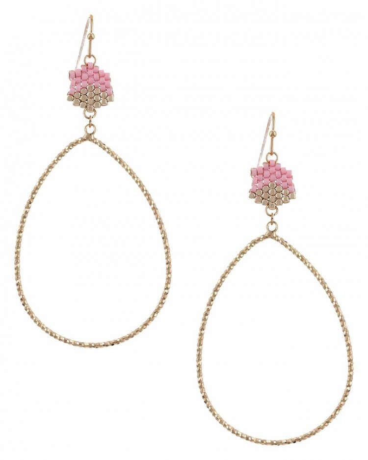 Gold Oval Drop Hoop Earrings with Pink Accent Beading
