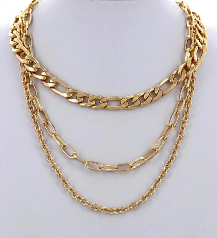 Triple Strand Thick Gold Chain Necklace