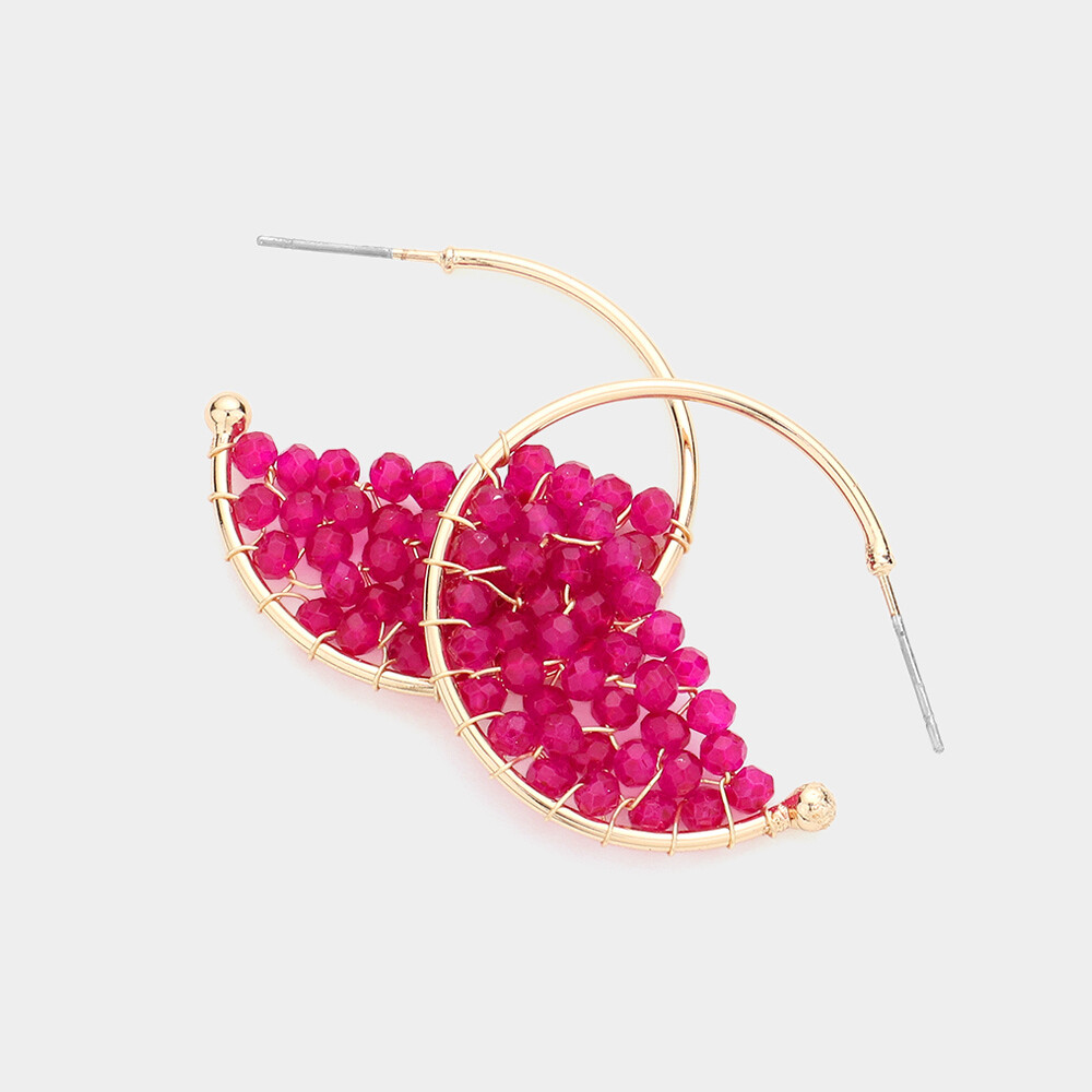 Beaded Hot Pink Huggie Earrings