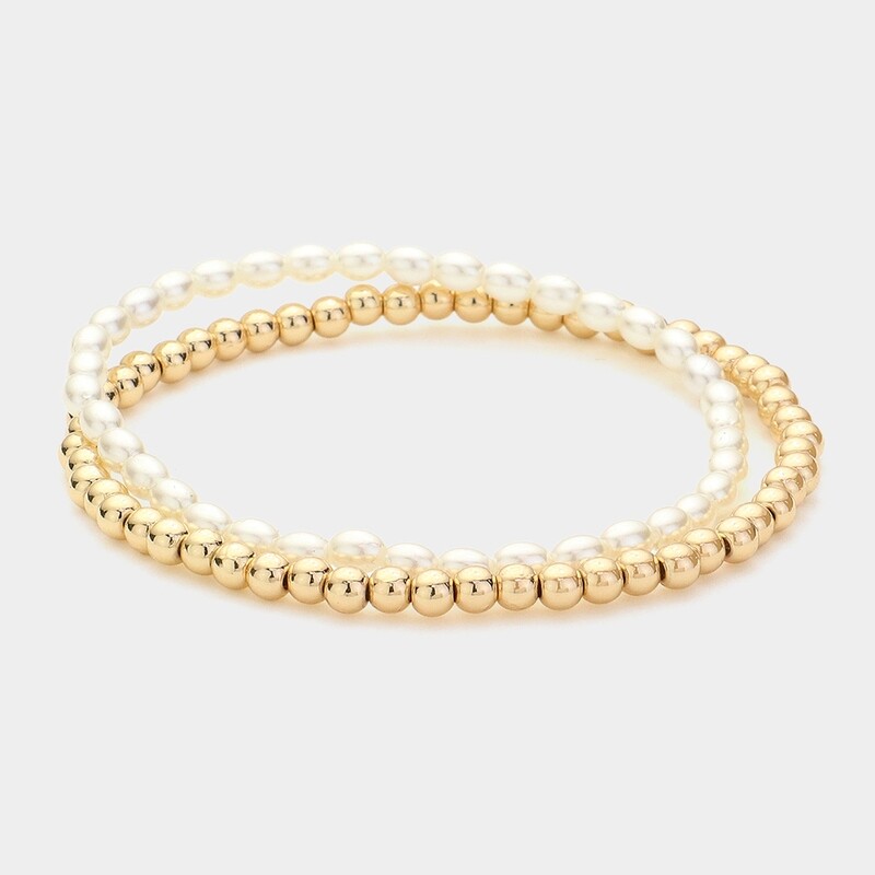Pearl & Gold Stretch Bracelet 2pc Set