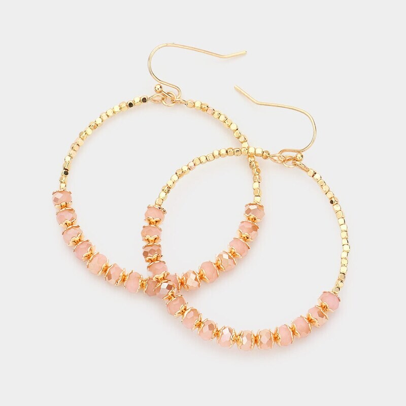 Pink Beaded Gold Hoop Earrings