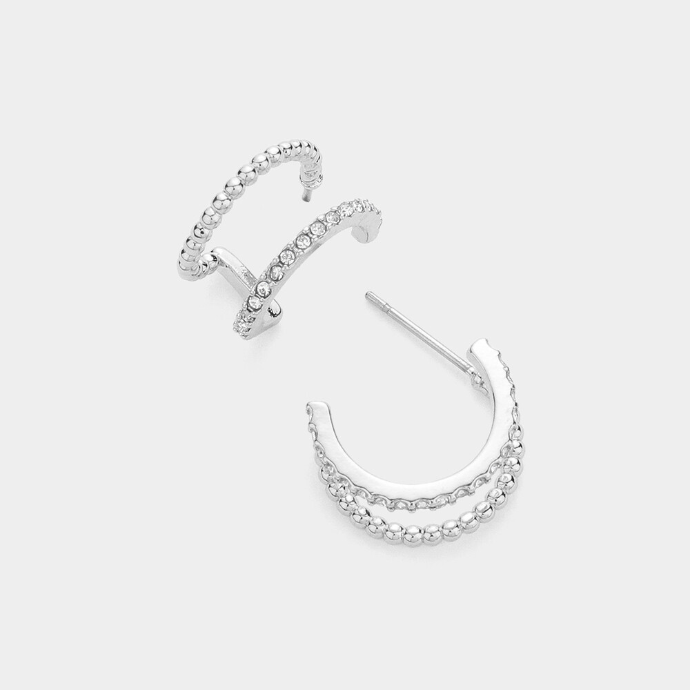 Silver &amp; CZ Double Row Huggie Hoop Earrings